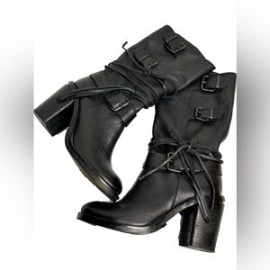 Vince Camuto Black Leather Combat/Biker Style Heeled Buckle Boots - Size 8.5